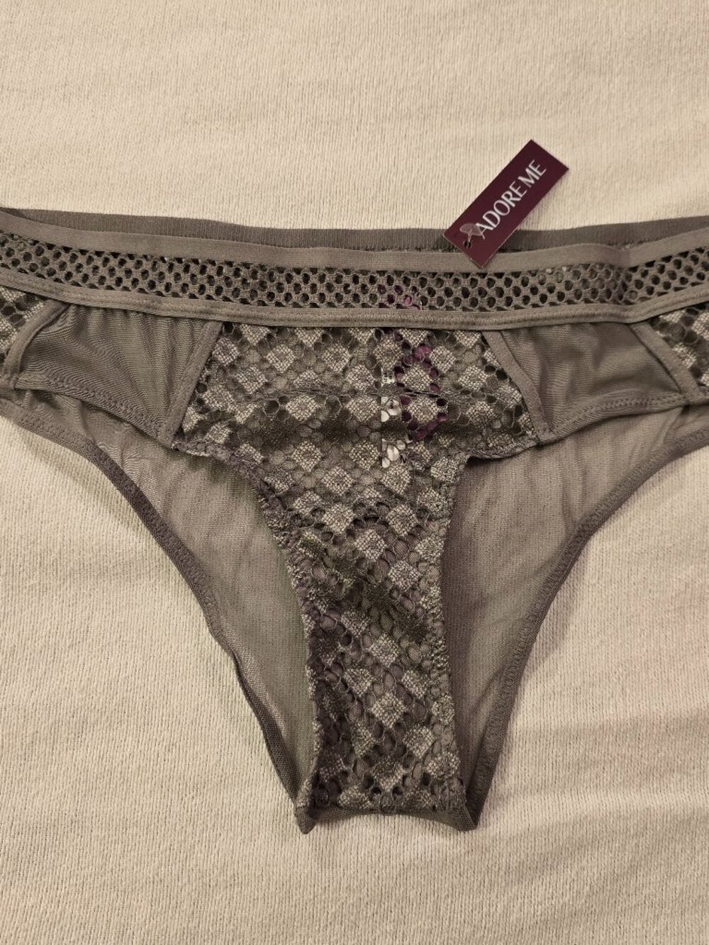 Adore Me Lace Mesh Hipster Bikini Panties Gray Taupe Intimates NWT Size M